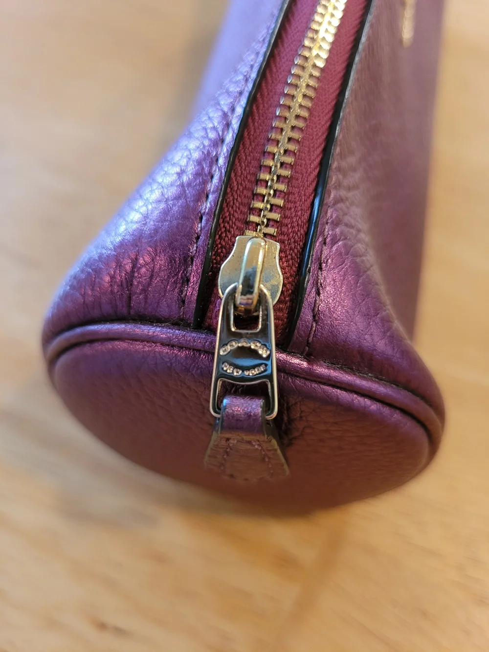 Coach Pebble Leather Zip Brush Case In Metallic Berry